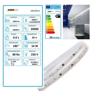 LED Strip 230V, 4000K, kaltweiss, IP65, <16W/m, 1600-1750lm/m, CRI>80