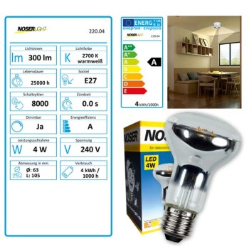 NOSER LED-R63, 230V, E27, 4W, dimmable, 360?, 2700?K blanc chaud, No. art. 220.04