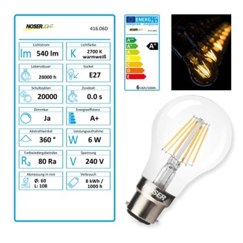 NOSER LED A60 clear, B22, 6W, 540lm, 360?, 2700?K warmwhite, dimmbable, CRI>80, Item no. 416.06D