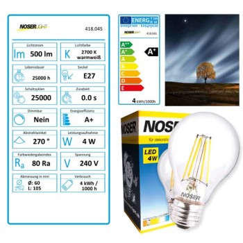 NOSER LED A60, claire, E27, 4W, 350lm, 300?, blanc chaude - 2700?K, CRI80, 230/240V, ~50/60Hz