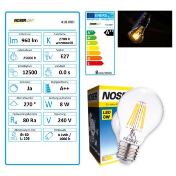 NOSER Filament LED A60, klar, dimmbar, E27, 8W, 1080lm, warmweisses Licht