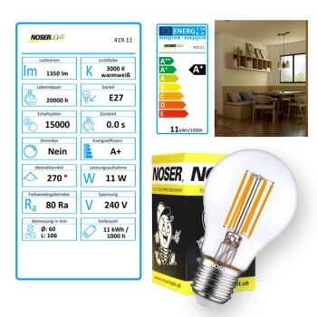 NOSER LED ampoule E27, A60, claire, 11W, >1300lm, 220-240V, blanc chaud