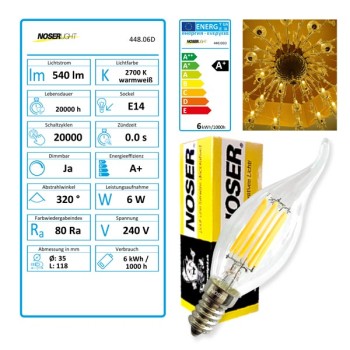 NOSER LED Candle C35, DIMMABLE, clear, E14, 6W, 540lm, 2700?K - warm white, Item no. 448.06D