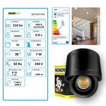 NOSER LED Spot, black, 7W, 510lm/1489cd, warm white - 3000?K, dimmable