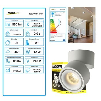 NOSER LED  Aufbauleuchte weiss, 12W, 850lm/2760cd, warmweiss -3000K