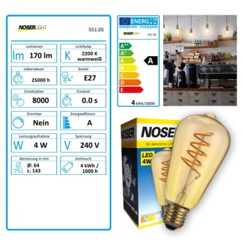 NOSER Filament LED ST64, amber, E27, 5W, 170lm, warm white 2200?K, Item no. 551.05