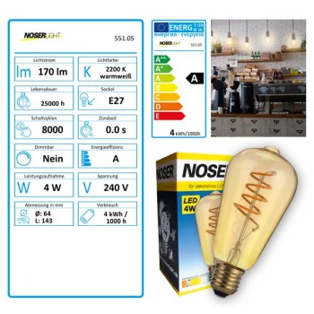 NOSER LED ?Filament ST64, ambr?e, E27, 5W, 170lm, blanche chaude 2200?K, No. art. 551.05