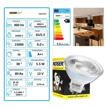 NOSER MR16-LED, 12V, 5W, 400lm/1170cd, 38°, 2700K