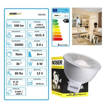 NOSER MR16-LED, 12V, 7W, 500lm/1625cd, 36?, 2700?K, dimmable, Item No. 568.072