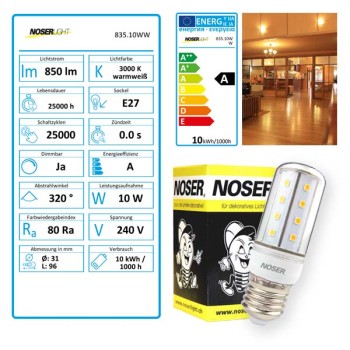 NOSER LED E27, T31, clear, 10W, 850lm, warm white - 3000?K, dimmable, Item-No. 835.10WW