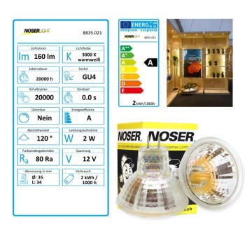 NOSER-LED MR11, 2W, 12V, GU4, 120degres, blanc chaud (ww), No. art. 8835.021