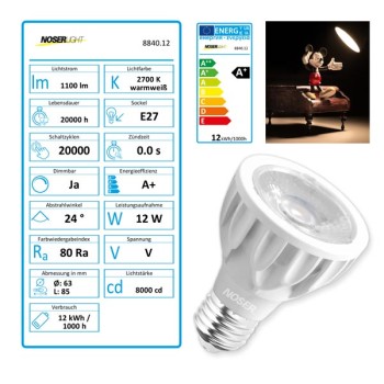 NOSER High Performance LED-PAR20, 12W, IP20, 1100lm/8000cd, 2700?K blanc chaud, dimmable, No. art.: 8840.12
