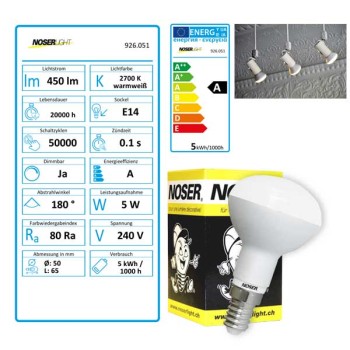 NOSER LED-R50, 230V, E14, 5W, dimmable, 180?, 2700?K, Item No. 926.051