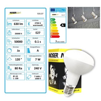 NOSER LED-R63, 230V, E27, 7W, dimmable, 180?, 2700?K, No. art. 926.07