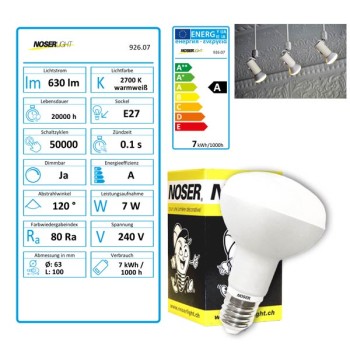 NOSER LED-R63, 230V, E27, 7W, dimmbar, 180°, 2700K, Art. Nr. 926.07