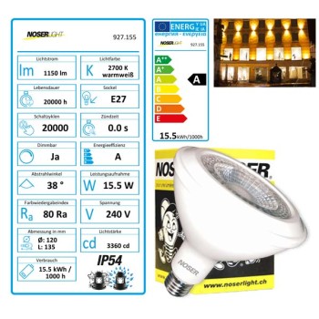 NOSER High Performance LED-PAR38, 15.5W, IP54, ~1150lm/3360cd, 2700?K, No. art. 927.155