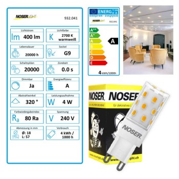 NOSER LED G9, 4W, 220-240V, ~50/60Hz, CRI>80, blanc chaud - 2700K, dimmable
