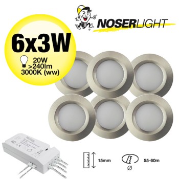 NOSER LED Möbeleinbauleuchte, SET, nickel gebürstet, 6x3W, warmweisses Licht