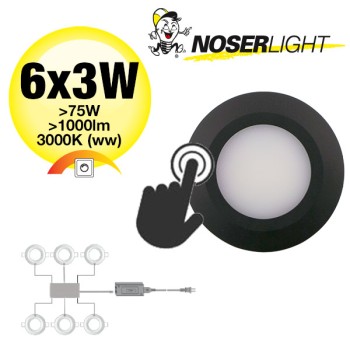 NOSER LED Mini Downlight Set (livraison incl. Driver), couleur noir,  6x3W, >1000lm, 3000?K blanc chaud