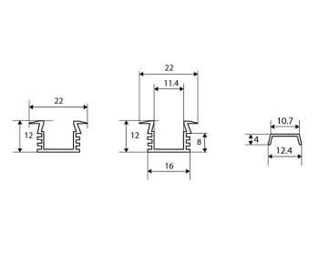 Aluminium-Profile 1000x22x12mm, cover and endcaps included