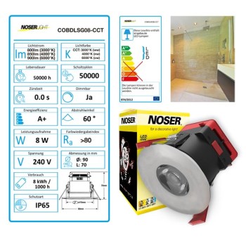 NOSER COB-LED Downlight, brushed steel, 8W, >800lm, CRI80, 220-240V, CCT(3000-6000?K), Item. No. COBDLW08-CCT