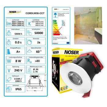 NOSER COB-LED Downlight, white, 8W, >800lm, CRI80, 220-240V, CCT(3000-6000?K), Item. No. COBDLW08-CCT