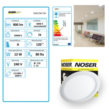 LED "Slim" Downlight / Luminaire ?encastrer couleur blanc, 12W, 900lm, 4000?K, Art. Nr. DLB12W-CW