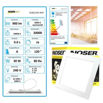 LED "Slim" Downlight / Luminaire ?encastrer, quadratique, couleur blanc, 12W, 900lm, 3000?K blanc chaud, No. art. DLBQ12W-WW