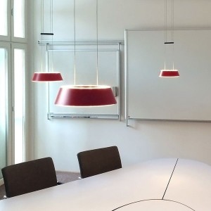 Pendant luminaire GLANCE, 1 light, matt red, 120-277V, 50-60Hz, 24V DC, 2 x LED-board, 2700K, 1600lm, 25W, CRI>90, canopy round chrome, incl. gesture control and switch