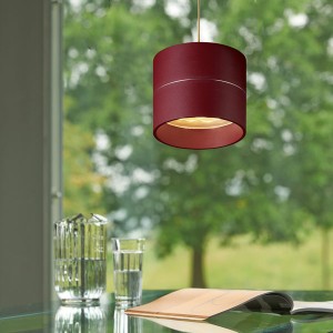 Pendant luminaire TUDOR S, 1-fold, invisible height adjustment, matt red, AC 100-240V, 50-60Hz, 24V DC, 22W, 1350lm, CRI>90, Tunable White 2200K - 5000K (via Casambi), touch dimmer, Casambi-module, intergrated LED, shade matt red inside, canopy matt white