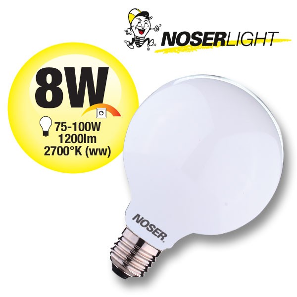 NOSER Filament LED Globe G125, opal, E27, 8W, 1200lm, warm white