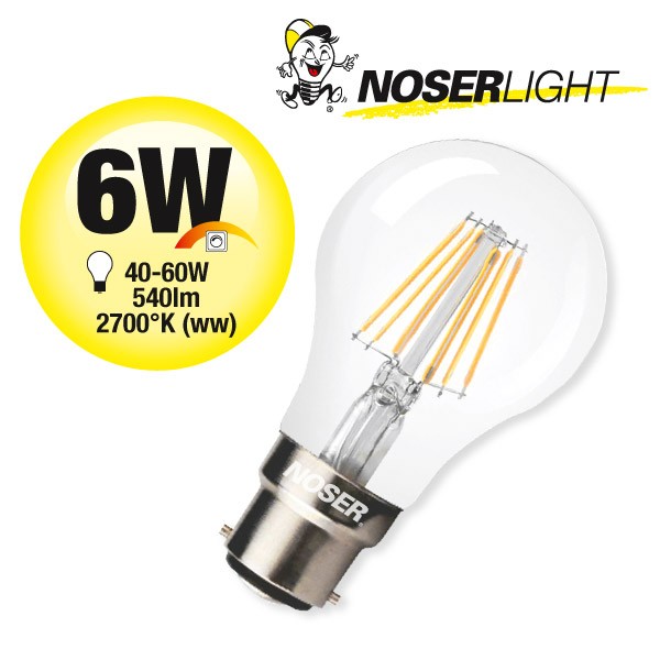 NOSER Filament LED A60 claire, B22, 6W, 540lm, 360°, 2700K blanc chaud, dimmable, CRI>80, No. art. 416.06D