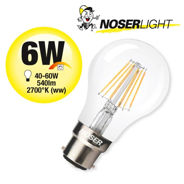 NOSER LED  A60 klar, B22, 6W, 540lm, 360°, 2700K warmweiss, dimmbar, CRI>80