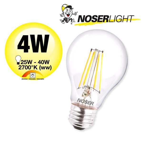 NOSER LED A60, clear, E27, 4W, 350lm, 300?, warm white - 2700?K, CRI80, 230/240V, ~50/60Hz