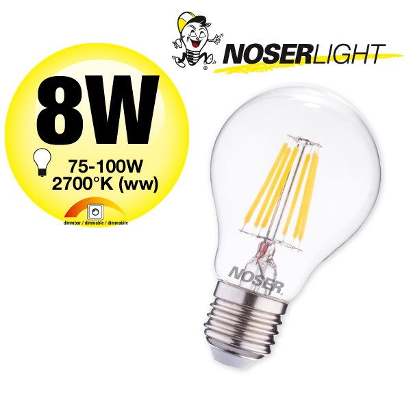 NOSER Filament LED A60, klar, dimmbar, E27, 8W, 1080lm, warmweisses Licht