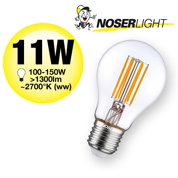 NOSER LED ampoule E27, A60, claire, 11W, >1300lm, 220-240V, blanc chaud