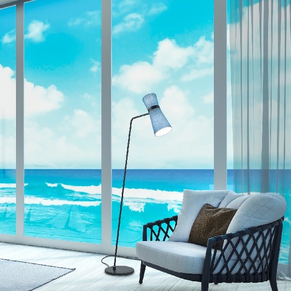 YUNA-S floor lamp, black – blue chintz shade
