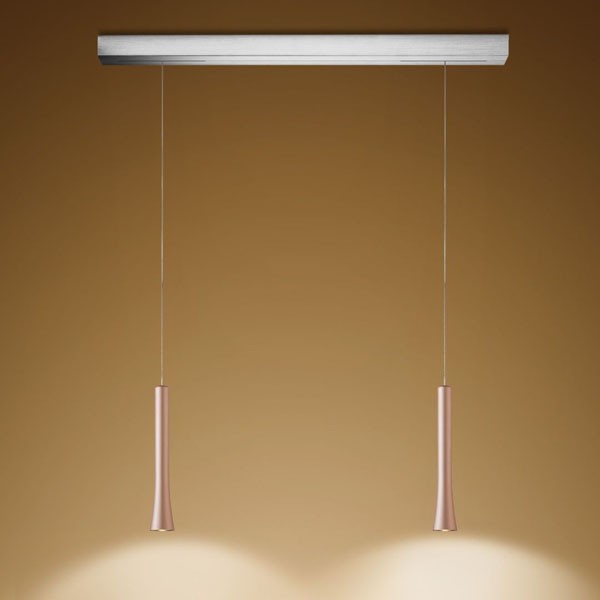 Pendant luminaire RIO, 2 light, satin copper, 220-240V, 50-60Hz, LED, 2700K, 2x 1350lm, 22.4W, CRI>90, externally dimmable (CASAMBI), Integrated LED, canopy brushed aluminium