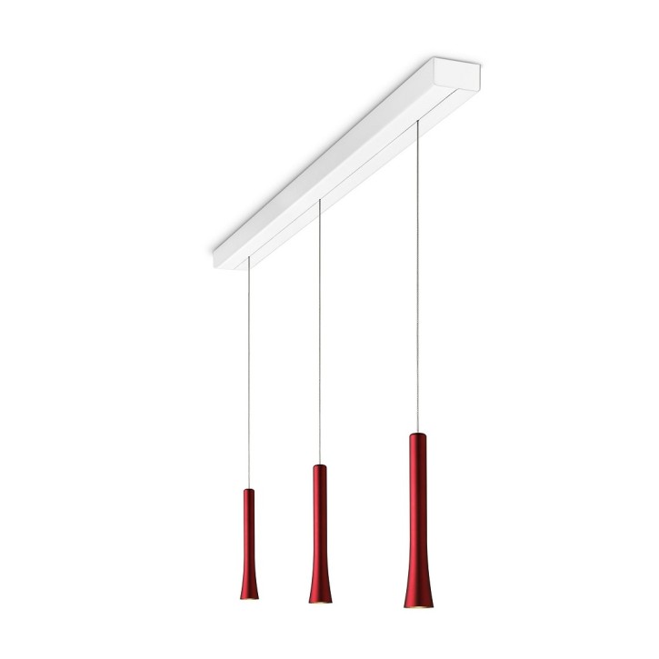 Pendant luminaire RIO, 3 light, red velvet, 220-240V, 50-60Hz, LED, 2700K, 3x 1350lm, 33.6W, CRI>90, externally dimmable (CASAMBI), Integrated LED, canopy brushed aluminium