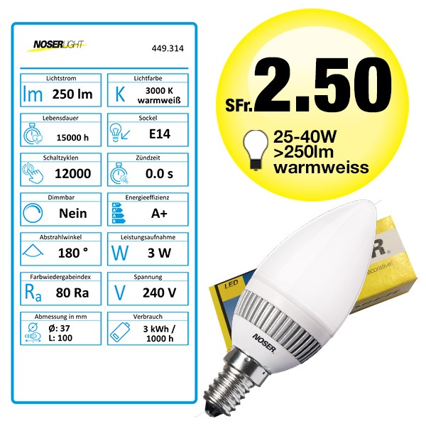 NOSER-LED Candle C37, matt, 3W, E14, 220-240V, warm white -2700-3200K-, >250lm