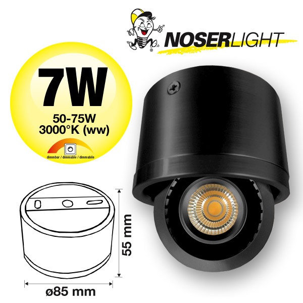 NOSER LED Spot applique noir, 7W, 510lm/1489cd, blanc chaud - 3000?K, dimmable