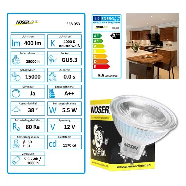 NOSER MR16-LED, 12V, 5W, 400lm/1170cd, 38°, 4000K