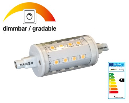 R7s LED 5W, >400lm, 85-265V / 50-60Hz, 2700?K, DIMMABLE