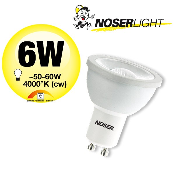 NOSER LED  GU10 DIMMBAR 10-100%, MR16, 50mm, 6W, 590lm/700cd, 240V, 4000K cw