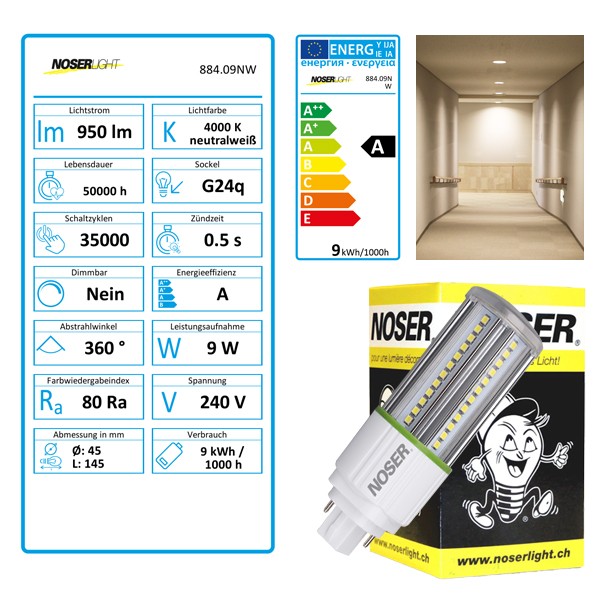 NOSEC-D/E LED, G24q, 9W, 4000K, 85-265V, Art.-Nr.: 884.09NW