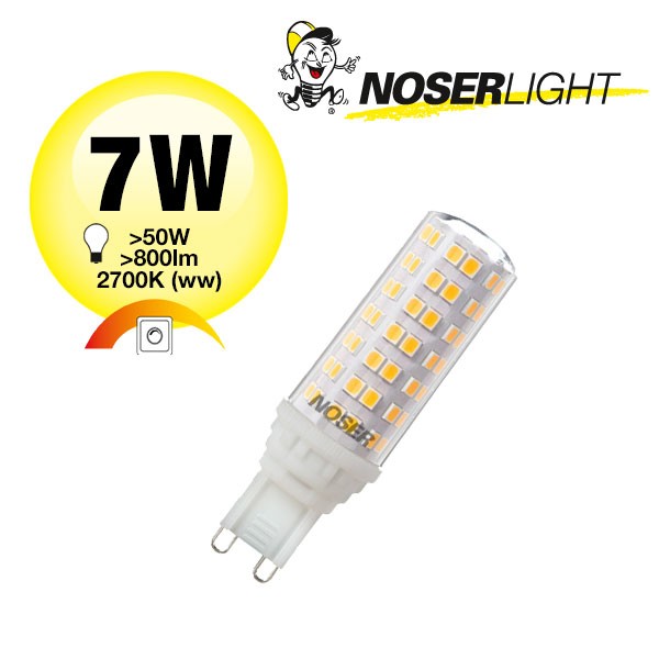 NOSER LED G9, 7W, ~800lm, ~2700°K, 240V, dimmable