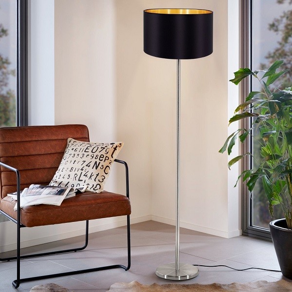 Floor lamp MASERLO, nickel mat, shade cappuccino / gold