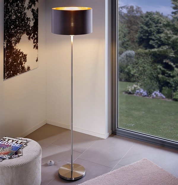 Lampadaire MASERLO, nickel mat, abat-jour noir / or