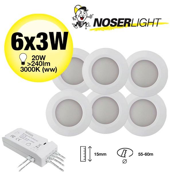 NOSER LED Möbeleinbauleuchte, SET 6x3W, weiss