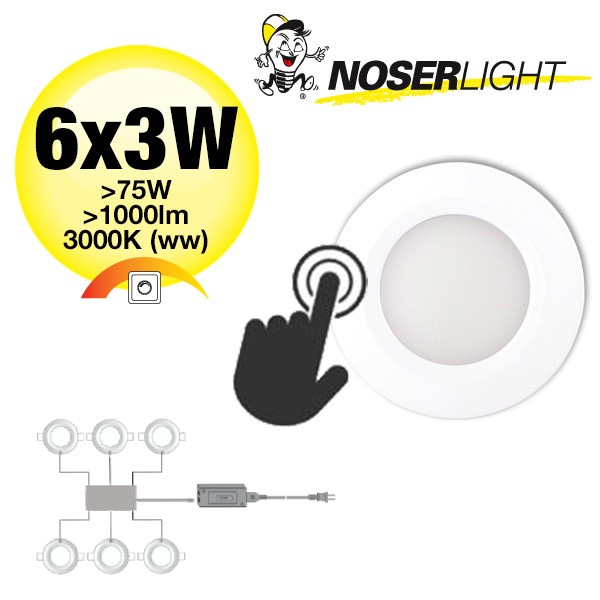 NOSER LED Mini Downlight Set (livraison incl. Driver), couleur blanc 6x3W, >1000lm, 3000?K blanc chaud